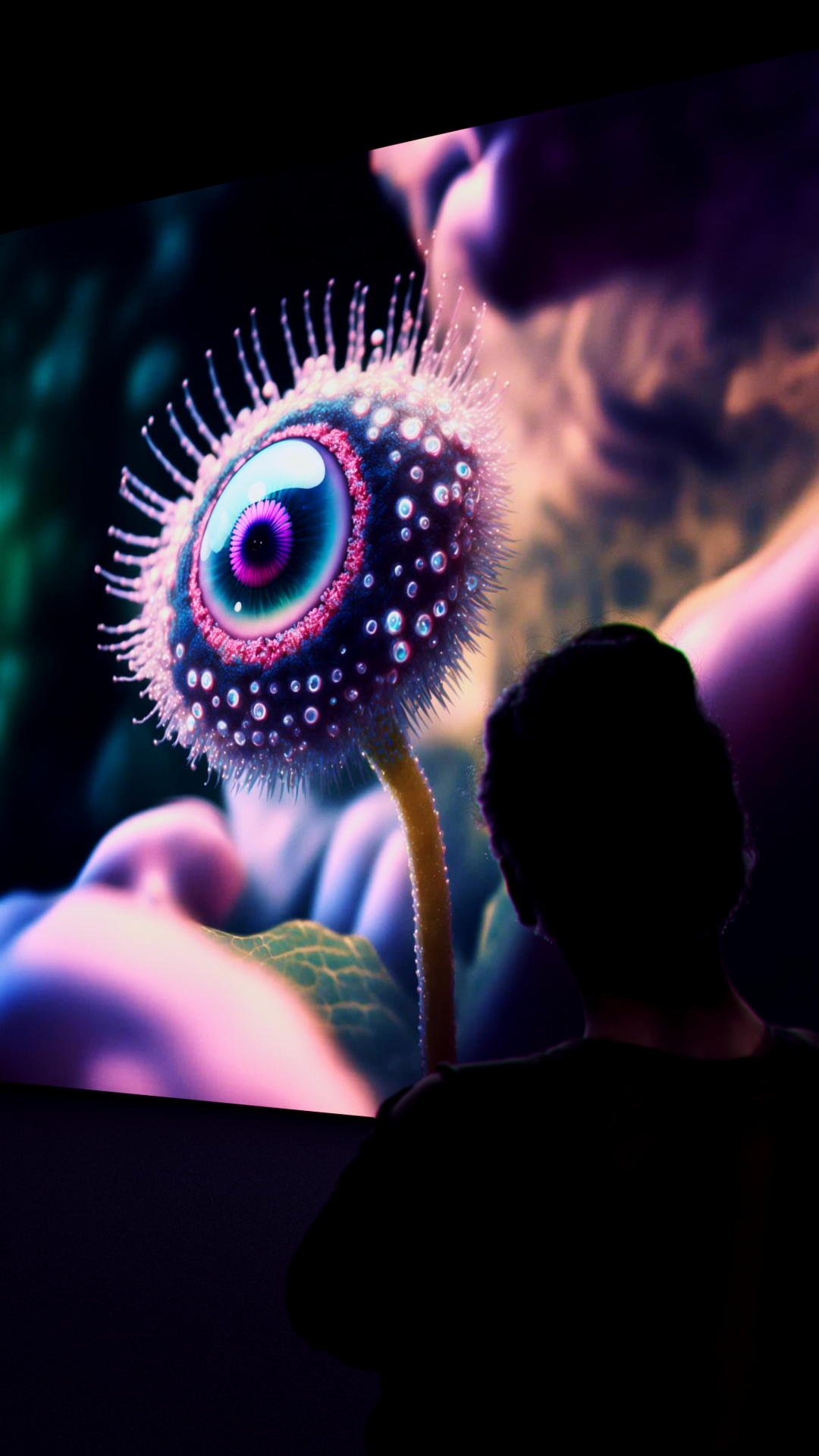 Silhouette viewing surreal eye flower creature