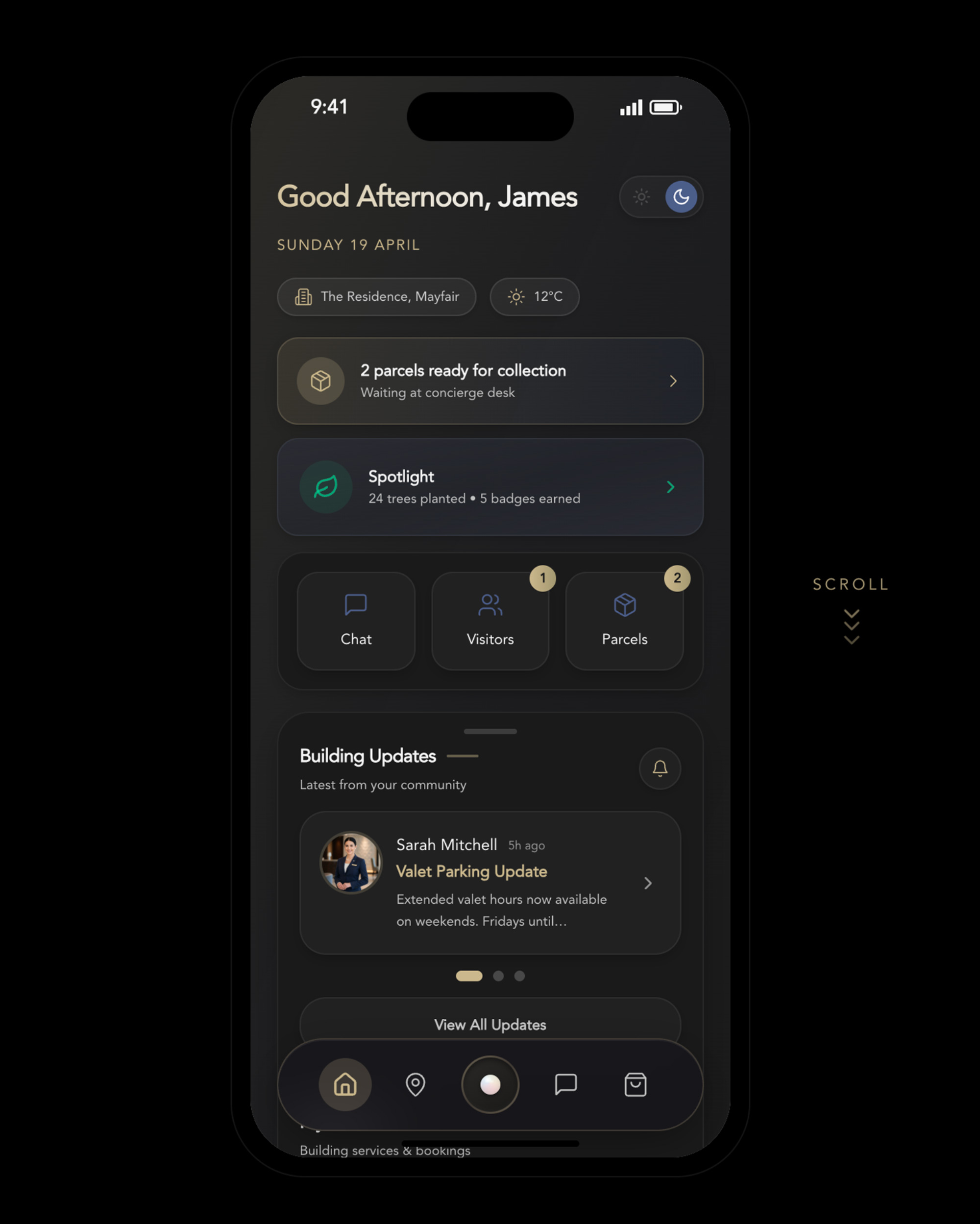 Wavee app interface showing resident dashboard with parcels, updates, and concierge features